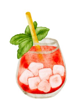 Suluboya yaz kokteyli, buzlu ve naneli soğuk içecek. Vektör illüstrasyonu