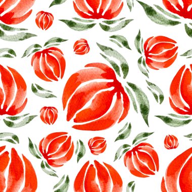 Suluboya kırmızı çiçek deseni, beyaz arka planda çiçekler. Vektör illüstrasyonu