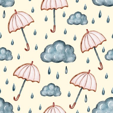 Yağmurlu ve şemsiyeli suluboya desenli, şirin çocuk arkaplanı. Vektör illüstrasyonu