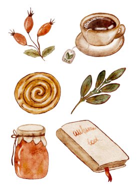 Konforlu sonbahar tasarım elementleri, suluboya kitap ve bir fincan çay, güllük gülistanlık ve tatlılar. Vektör illüstrasyonu