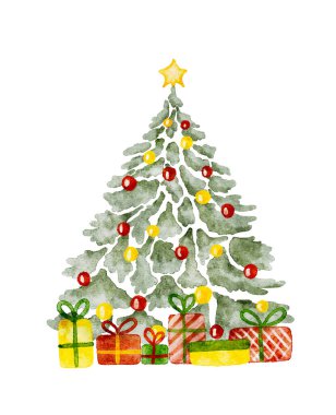 Suluboya Noel ağacı süslemeli kırmızı ve sarı toplar hediye kutularıyla. El yapımı yapay zeka değil. Vektör illüstrasyonu