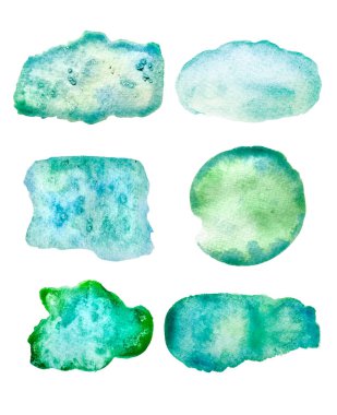 Bir dizi suluboya yeşil fırça lekeleri ve fırça darbeleri koleksiyonu, arka plandan kesilen lekeler, vektör. Vektör illüstrasyonu