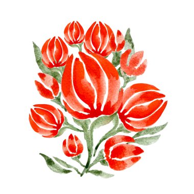 Beyaz arka planda izole edilmiş bir buket kırmızı çiçek. Vektör suluboya çizimi. Vektör illüstrasyonu