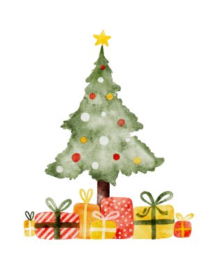 Suluboya Noel ağacı süslemeli hediye kutuları ve arka plandan kesilmiş süsler. Vektör illüstrasyonu