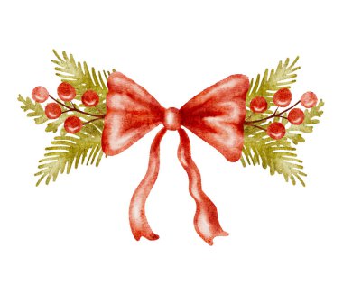 Ağaç dalları ve kırmızı meyvelerle suluboya Noel yayı kompozisyonu. Vektör illüstrasyonu