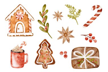 Suluboya Noel unsurları koleksiyonu, arka plandan kesilmiş bir Noel süsü seti. Vektör illüstrasyonu