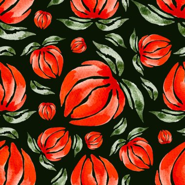 Suluboya kırmızı çiçek deseni, tekstil kumaş çiçek deseni. Vektör illüstrasyonu