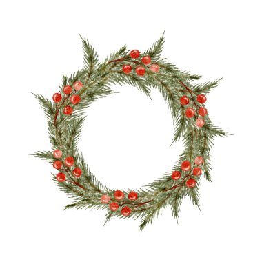 Suluboya Noel çelengi çerçevesi arka planda kırmızı Holly böğürtlenleriyle süslenmiş köknar dalı. Vektör illüstrasyonu