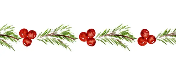 Suluboya desensiz sınır çizgisi Noel ağacı dalı ve kırmızı Holly Berries. Vektör illüstrasyonu