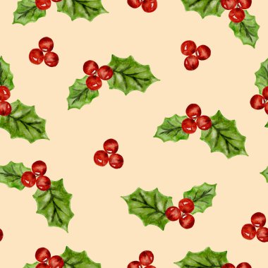 Beyaz arka planda suluboya Noel kutsallığı desensiz yeşil yapraklar ve kırmızı böğürtlen. Parmak izi, ambalaj, tekstil için. Vektör illüstrasyonu