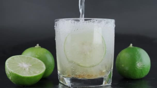 Tiro Mão Derramando Tequila Fria Uma Garrafa Com Limão Sal — Vídeo de Stock