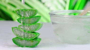 Cam kasede taze aloe vera suyu karıştırmak ve doğa arka planında doğal organik aloe vera dilimlemek. tıp ve güzellik konsepti.