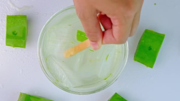 Hand Omrörning Färsk Aloe Vera Juice Glasskål Och Skivad Naturlig — Stockvideo