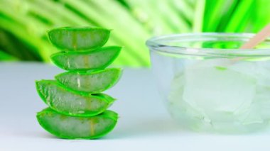 Cam kasede taze aloe vera suyu karıştırmak ve doğa arka planında doğal organik aloe vera dilimlemek. tıp ve güzellik konsepti.