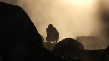 January 8, 2023; Hot springs and fog in Thailand with morning sunlight. Morning atmosphere at Chae Son National Park, silhouettes of tourists enjoying the beauty of hot springs in Lampang, Thailand.