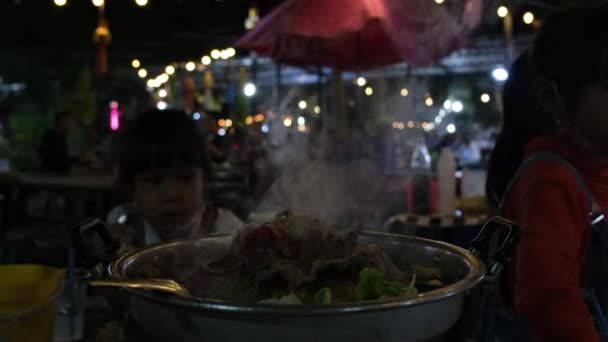 Grilled Pork Stove Thai Food Buffet Hands Holding Chopsticks Grilling — Vídeo de Stock