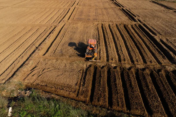Aerial View Fields Agricultural Parcels Farmer Tractor Preparing Land Seedbed — Zdjęcie stockowe