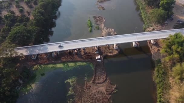 Aerial View Renovation Repair Work River Bridge Road — Vídeo de Stock