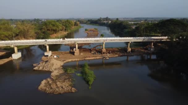 Aerial View Renovation Repair Work River Bridge Road — Vídeo de stock