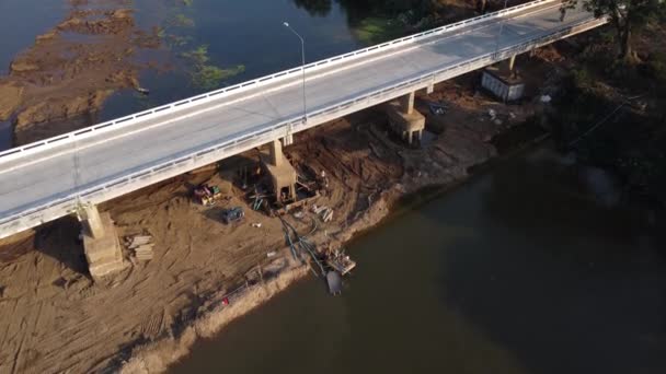 Aerial View Renovation Repair Work River Bridge Road — Stockvideo