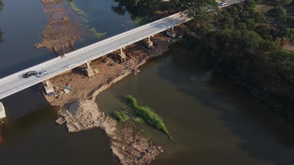 Aerial View Renovation Repair Work River Bridge Road — Vídeos de Stock