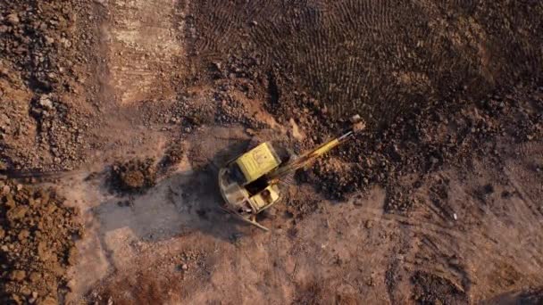 Excavator Dig Ground Construction Site Aerial View Wheel Loader Excavator — Vídeo de stock