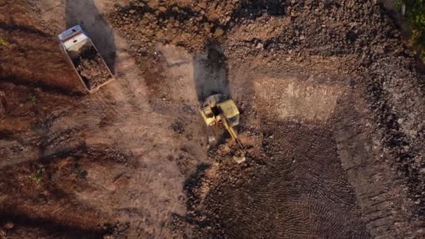 Excavator Dig Ground Construction Site Aerial View Wheel Loader Excavator — Stock Video