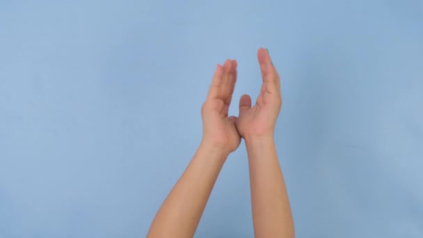Samičí Ruce Tleskající Ukazující Ukazováčkem Pastelově Modré Pozadí Studiu Smečka — Stock video