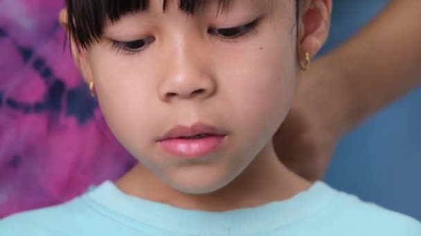 Cute Little Girl Chewing Gum Blue Background Portrait Cute Little — Stock Video