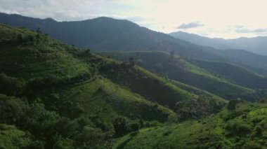 Gökyüzü ve bulutların ilkbaharda açtığı güneşli güzel bir günde, arka planda çiçek açan çayırlar ve sıradağlar olan cennet manzarası..