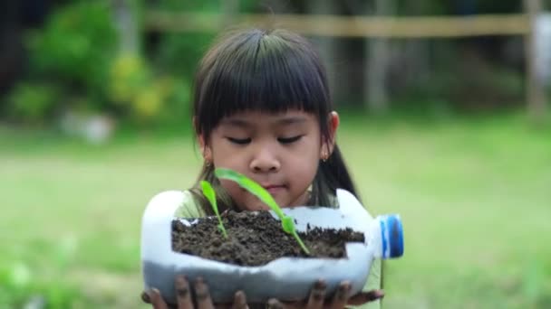 Meisje Toont Jonge Boompjes Gekweekt Gerecycleerde Plastic Flessen Recycle Waterfles — Stockvideo