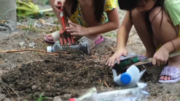 Маленька Дівчинка Саджає Рослини Горщики Перероблених Пляшок Води Задньому Дворі — стокове відео