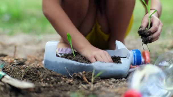 Kislány Növényeket Ültet Cserépbe Újrahasznosított Vizes Palackokból Kertben Újrahasznosítani Vizes — Stock videók