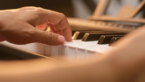 Close Young Woman Hand Playing Piano Happy Asian Woman Learning — Stock Video
