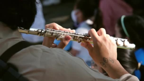 弹奏长笛的音乐家的手的特写 人的手弹奏长笛 — 图库视频影像