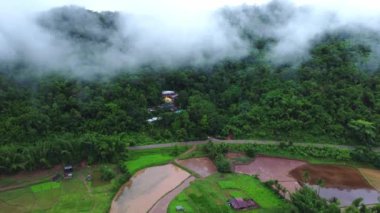 Tayland 'ın Nan Eyaleti' nde yağmur mevsiminde doğayla çevrili küçük bir köy olan güzel Sapan köyü manzarası..