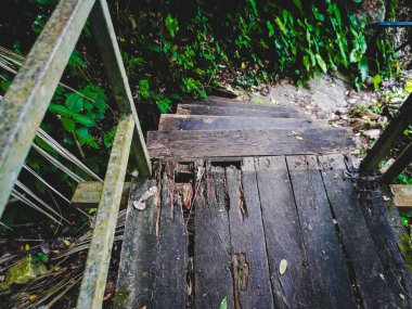 Chalerm Rattanakosin Ulusal Parkı, Kanchanaburi, Tayland 'da bir derenin üzerindeki eski ahşap köprü..