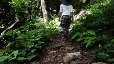 Turistler, yemyeşil ormanlarla çevrili Tham Tarn Lod Noi Mağarası 'nda yürüyor. Chalerm Rattanakosin Ulusal Parkı, Kanchanaburi, Tayland' da doğa çalışmaları yapılıyor..