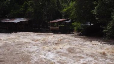 Şelalenin yanında güçlü bir akıntı. Şiddetli yağmurlardan sonra dağ nehirlerinde akan seller. Ani seller, küresel ısınmanın etkileri ve orman tahribatının etkileri.