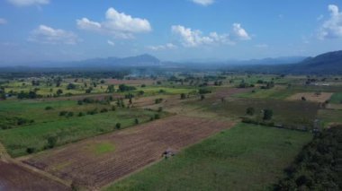 Çiftçilerin hasattan sonra mısır kalıntılarını yaktıkları hava manzarası. Hasattan sonra mısır tarlası yangını.