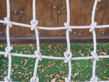 Oyun parkına tırmanmak için iple bağlanmış..