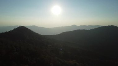 Kışın sisle dağda güzel bir gün doğumu. Güneş, sabahın erken saatlerinde tropikal ağaçlarla kaplı sakin bir dağ manzarasında parlıyor..