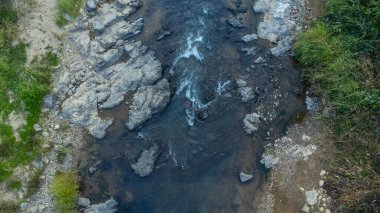 Ormandaki dağ deresi. Dağlardaki nehir akıntısı.
