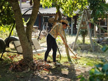 Asyalı yetişkin kadın yaz bahçesinde çalışıyor..