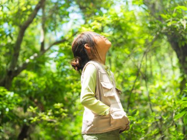 Küçük mutlu bir kız ormanı keşfediyor ve yapraklara bakıyor. Macera turizmi ve öğrenme konsepti.