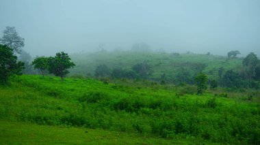 Kuzey Tayland 'daki dağlık arazide güzel bir sis manzarası. Dağların ve bulutların sisli güzel manzarası.
