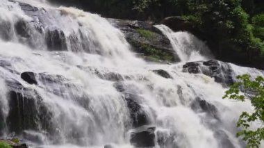 Yağmur mevsiminde güçlü bir şekilde akan ormandaki şelalenin doğası. Nehirdeki güçlü akıntı, sonbaharda sağanak yağışlardan sonra sular çamurlu oldu..