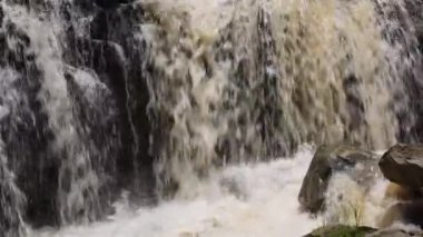 Yağmur mevsiminde güçlü bir şekilde akan ormandaki şelalenin doğası. Nehirdeki güçlü akıntı, sonbaharda sağanak yağışlardan sonra sular çamurlu oldu..