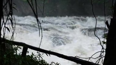 Yağmur mevsiminde güçlü bir şekilde akan ormandaki şelalenin doğası. Nehirdeki güçlü akıntı, sağanak yağmurdan sonra sular çamurlu oldu..