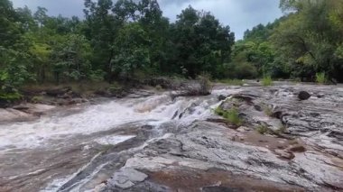 Yağmur mevsiminde yemyeşil bir ormanda çağlayan güçlü bir şelale. Nehir akıntısı güçlüdür ve şiddetli yağıştan sonra su çamurlu hale gelir. Bu da doğanın ham enerjisini gösterir.